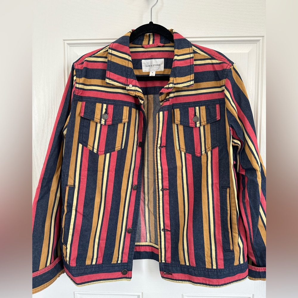 Sun + Stone Striped Cotton Jacket in Red, Navy, Ochre, & Butter, Medium